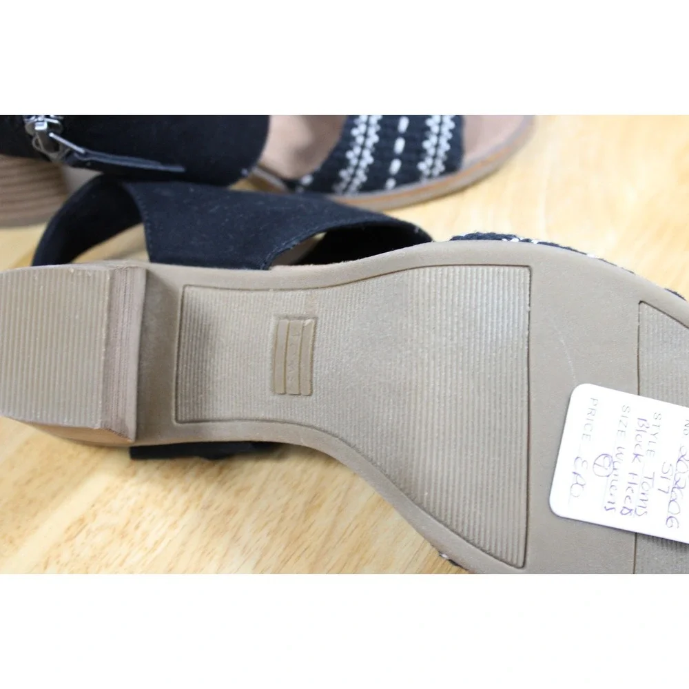 Toms Womens Heeled Sandals Size 9 Black Woven Ankle Strap Block Heel Open Toe